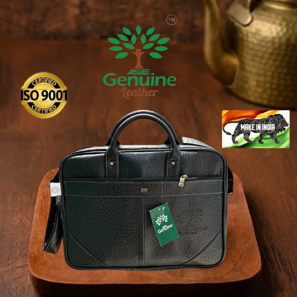 AseGenuineLeather Laptop Bag Black colour